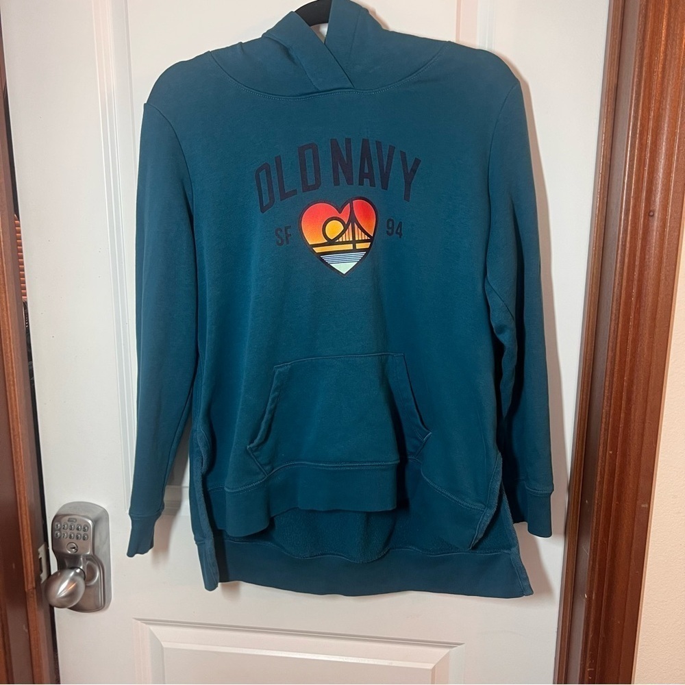 Old Navy Teal Hoodie with Heart Graphic​​​​​​​ - Picture 2 of 6